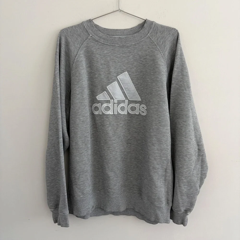 Adidas Mens Gray Embroidered Logo Raglan Sleeve Sweatshirt Large